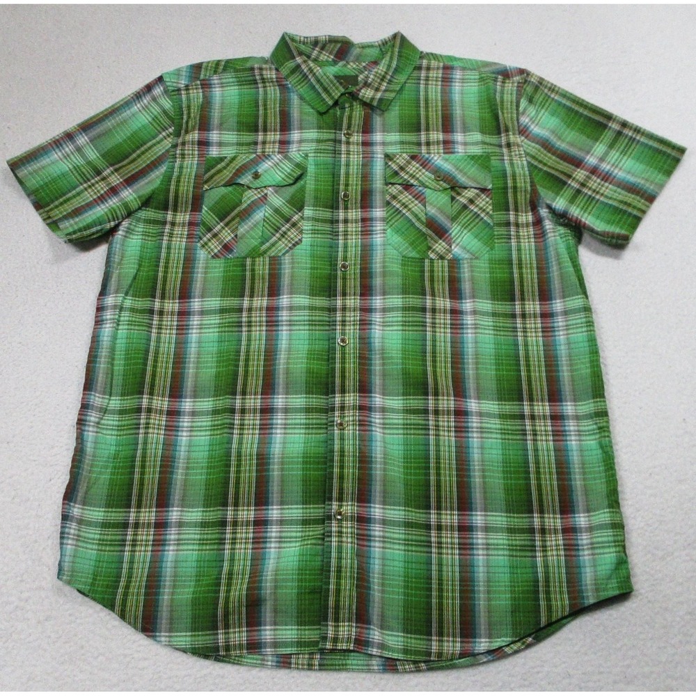 Prana Shirt Mens XL Green Plaid Short Sleeve Button Front Organic Cotton Blend